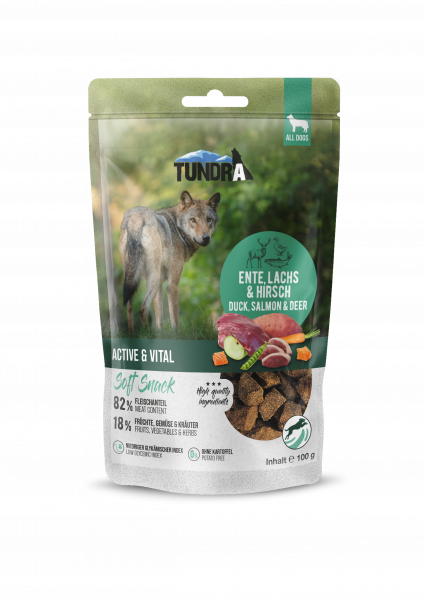 Tundra Dog Snack Active & V. Ente,Lachs,Wild 100g